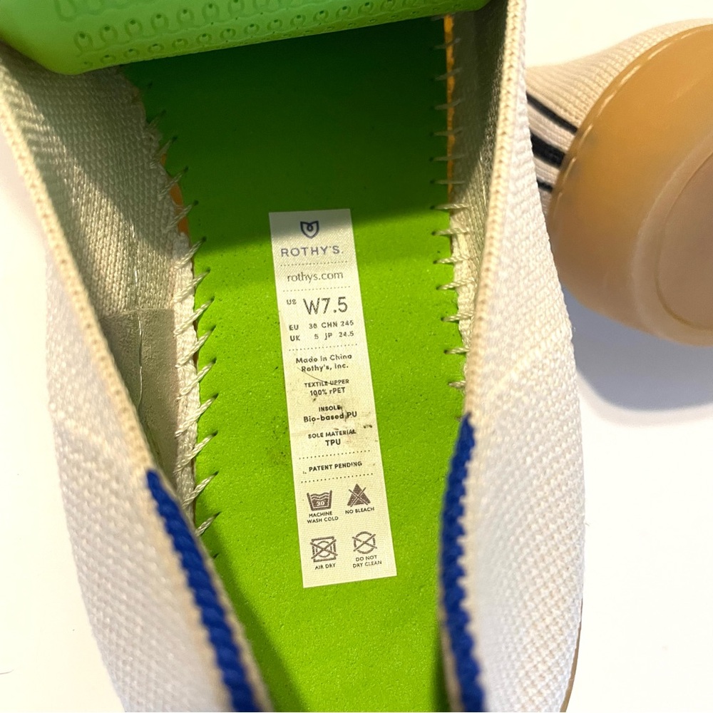 Rothy's Cream Slip-On Sneakers with Tan Sole and Blue Trim - Picture 4 of 6